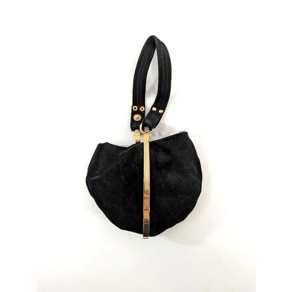 Goldco Italy Suede Sac Purse Clutch Handbag Black Small Bag Gold Metal Hardware - Picture 1 of 10